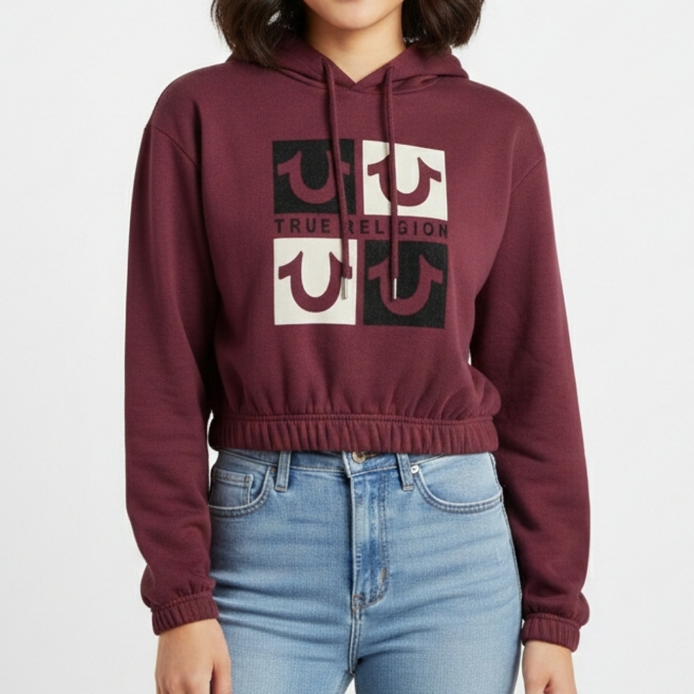 True Religion Maroon Velvet Logo Crop Hoodie XS